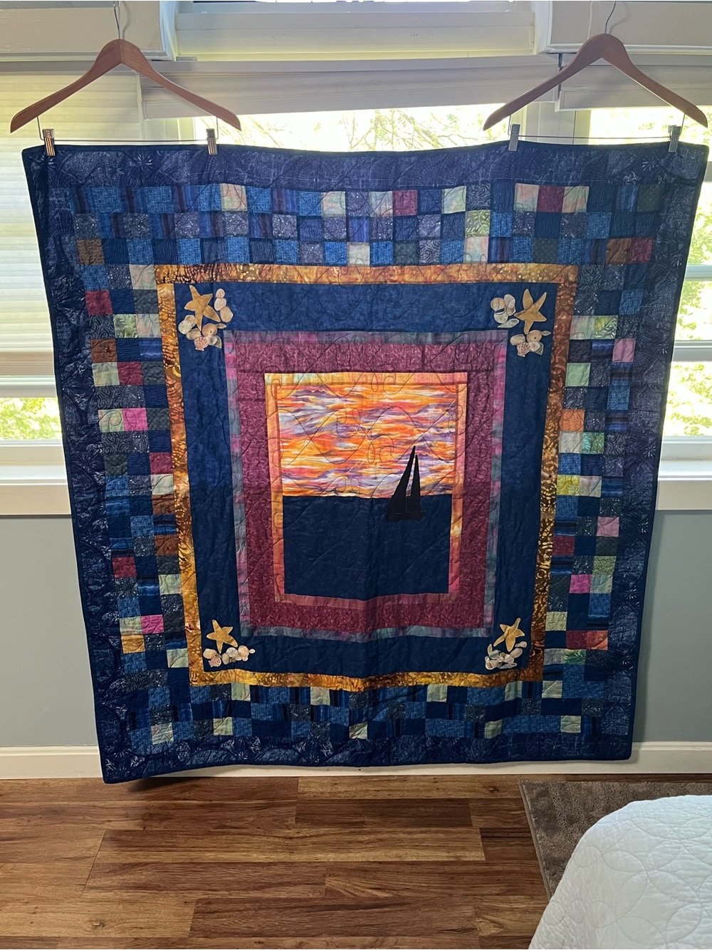 Handmade Applique Cotton Beach Blanket Quilt Multicolor Ocean Sailboat Sunset